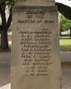 Detail on side of the base of a statue of a heroic female figure by Jose Martin known as the `Founder`s Statue` in Fair Park.