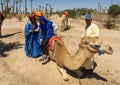 An elderly male is helped to dismount a kneeling camel after a ride among the palm trees in the desert in Morocco.