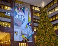 Public art work by Roy Lichtenstein titled `Mural with Blue Brushstroke` in the lobby of the Axa Equitable Center, New York City