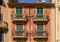 Terraces on painted residences along the promenade of Santa Margherita Ligure, Italy