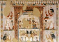 Fresco in the north wing end wall of the transverse chamber of TT69 featuring the adoration of the the sun god Re-Horakhty. Royalty Free Stock Photo