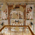 Fresco in the north wing end wall of the transverse chamber of TT69 featuring the adoration of the the sun god Re-Horakhty. Royalty Free Stock Photo