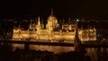 The Hungarian Parliament Building at night, from the Pest side of the River Danube, Hungary