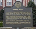 Information plaque for historic Evans Hall, completed in 1912, on the campus of The University of Oklahoma in Norman.