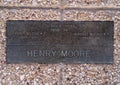 Information plaque, three standing bronze sculptures by sculptor Henry Moore outside the Amon Carter Museum in Fort Worth, Texas.