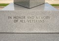 Inscription base of granite obelisk memorial honoring all Veterans in Vandergriff Park in the City of Arlington, Texas. Royalty Free Stock Photo