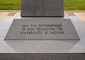 Inscription base of granite obelisk memorial honoring all Veterans in Vandergriff Park in the City of Arlington, Texas.