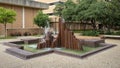 Large abstract steel fountain on the campus of the University of Texas at Arlington.