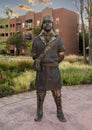 Life-size bronze sculpture of Cherokee chief by Linda Lewis, part of an art piece titled `The Peace Circle` in historic Grapevine.