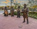 Life-size bronze sculpture of four chiefs by Linda Lewis, part of an art piece titled `The Peace Circle` in historic Grapevine.