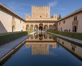 Long, rectangular reflecting pool in the Courtyard of the Myrtles of the Comares Palace in the Alhambra in Granada, Spain. Royalty Free Stock Photo