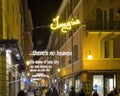 Lyrics from John Lennon\'s song Imagine in neon lights over Via d\'Azeglio in Bologna, Italy. Royalty Free Stock Photo