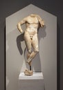 Marble figure of a young man from a Greek funerary relief circa 330 BC on display in the Dallas Museum of Art.