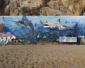 Marlin and Mako Shark part of a mural titled Sea Giants on the wall of an old tuna factory on Cosario Beach in Cabo San Lucas.