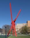 `Orion``, a monumental painted steel sculpture by Mar di Suveros on the University of Michgan campus in Ann Arbor.