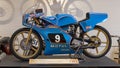 Morbidelli-Benelli-Armi 125cc motorcycle with custom frame by Eduard Morena on display in the Haas Moto Museum. Royalty Free Stock Photo