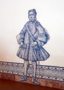 Mosaic tile of an ancient Portugese nobleman on a wall of the Pasteis de Belem in Lisbon, Portugal.