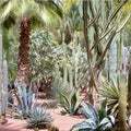 Multiple species of cacti in the Jardin Majorelle in Marrakesh, Morocco.