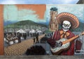 Mexican day of the dead mural outside Pacos Mexican Cusine Restaurant in Fort Worth, Texas.