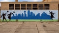 Mural on an outside school wall with graduates in Cap and Gown jumping for joy in Dallas, Texas.
