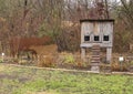 Old chicken coop and farm animal cut outs at Heritage Village in the City of Allen, Texas.