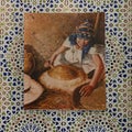 Painting of an Arabic woman mixing ingredients inside AUX100.000 Epices, the number 1 herborist in Marrakech, Morocco.