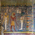 Painting of Maat, Rameses I, Ptah and pillar in tomb number 16 in the Valley of the Kings in Luxor, Egypt.