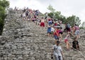 People climbing up an down the Nohoch Mul Pyramid in the Coba ruins Royalty Free Stock Photo