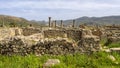 Peristyle house ruins along the Decumanus Maximus at the Archaeological Site of Volubilis in Morocco.