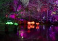 Japanese Gardens of the Fort Worth Botanic Gardens illuminated by Lightscape at Christmas in Texas.