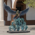 Recycled painted metal parts sculpture of the Coat of Arms of Mexico in Mijares Plaza in San Jose del Cabo.