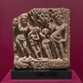 Red sandstone 7th-8th century relief showing the personification of the river Jamuna on display in the Dallas Museum of Art.