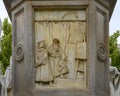 Sculpting relief front of the Monument to Leonardo Da Vinci in Piazza della Scala Square, Milan, Italy. Royalty Free Stock Photo