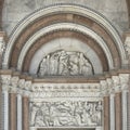 Reliefs by Nicola Pisano above the left portal of the Cathedral of Saint Martin in Lucca, Italy.