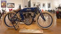 Restored 1000cc Indian Board Track Racer produced in the USA in 1914 on display in the Haas Moto Museum.