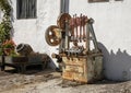 Rusted old machine by Pando Rodriquez y Compania on display outside at Molino El Vinculo near Zhahara de la Sierra.