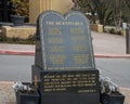 Sculpture with God`s Ten Commandments outside The Catholic Church of Saint John the Baptist in Edmond, Oklahoma. Royalty Free Stock Photo