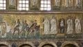 Segment of the lower of three bands of mosaics on the left lateral wall of the Basilica of Sant Apollinare in Ravenna, Italy.