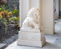 White marble statue of a male Chinese Ching Dynasty guardian Lion in a resort on Maui.