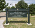 Sign for `Caelum Moor` at Richard Green Linear Park in Arlington, Texas.