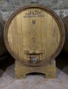 Slavonian oak wine aging cask in the wine cellar of the Capanna Farm, situated to the north of Montalcino.