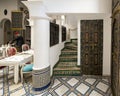 Staircase leading to the breakfast room of the Riad Maison Bleue, a luxury boutique hotel in in Fes, Morocco.