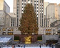 `Prometheus` by Paul Manship at the base of the Christmas Tree in Rockefeller Center`s lower Plaza, New York City