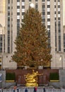 `Prometheus` by Paul Manship at the base of the Christmas Tree in Rockefeller Center`s lower Plaza, New York City