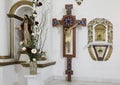 Statues of the Resurrected Christ and Christ on the Cross in the Mission of San Jose del Cabo Anuiti.