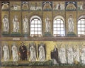 Three rows of a portion of the right lateral wall mosaic in the Basilica of Sant Apollinare Nuovo in Ravenna, Italy.