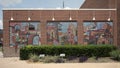 Three of six mosaic panels by artist Susan Morrison titled `History of Bricktown` in Johnny Bench Plaza in Oklahoma City.