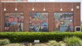 Three of six mosaic panels by artist Susan Morrison titled `History of Bricktown` in Johnny Bench Plaza in Oklahoma City.