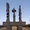 Three standing bronze sculptures by sculptor Henry Moore outside the Amon Carter Museum in Fort Worth, Texas.