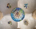 Tile-shard mosaics by Josep Maria Jujol garnishing the ceiling of the Hypostyle Room in Park Guell in Barcelona, Spain. Royalty Free Stock Photo